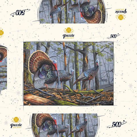 Darstellung des Puzzle Motivs Wilde Truthähne im nebligen Wald Wild Eastern Turkeys in Foggy Woodland 500 Puzzle Schachtel 3D Modell
