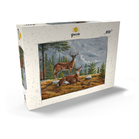 Darstellung des Puzzle Motivs Warnung Weißwedelhirsche in herbstlichen Kiefernwäldern Alert White-Tailed Deer in Autumn Pines 1000 Puzzle Schachtel Ansicht2
