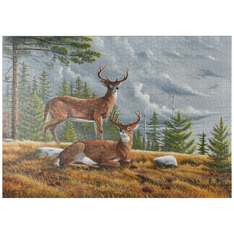 Darstellung des Puzzle Motivs Warnung Weißwedelhirsche in herbstlichen Kiefernwäldern puzzleplate Alert White-Tailed Deer in Autumn Pines 1000 Puzzle