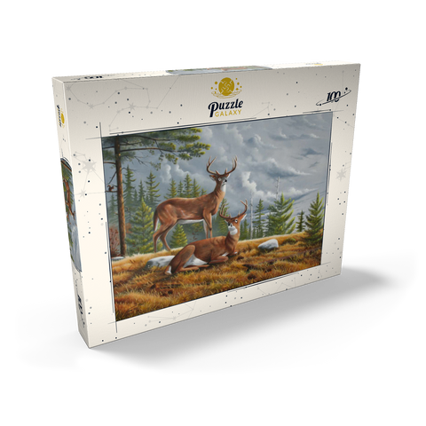 Darstellung des Puzzle Motivs Warnung Weißwedelhirsche in herbstlichen Kiefernwäldern Alert White-Tailed Deer in Autumn Pines 100 Puzzle Schachtel Ansicht2