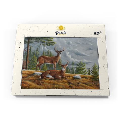 Darstellung des Puzzle Motivs Warnung Weißwedelhirsche in herbstlichen Kiefernwäldern Alert White-Tailed Deer in Autumn Pines 100 Puzzle Schachtel Ansicht3