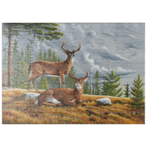 Darstellung des Puzzle Motivs Warnung Weißwedelhirsche in herbstlichen Kiefernwäldern puzzleplate Alert White-Tailed Deer in Autumn Pines 100 Puzzle