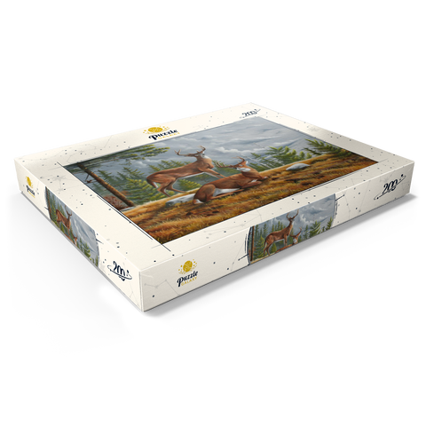 Darstellung des Puzzle Motivs Warnung Weißwedelhirsche in herbstlichen Kiefernwäldern Alert White-Tailed Deer in Autumn Pines 200 Puzzle Schachtel Ansicht1