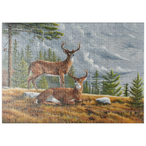 Darstellung des Puzzle Motivs Warnung Weißwedelhirsche in herbstlichen Kiefernwäldern puzzleplate Alert White-Tailed Deer in Autumn Pines 200 Puzzle