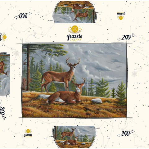 Darstellung des Puzzle Motivs Warnung Weißwedelhirsche in herbstlichen Kiefernwäldern Alert White-Tailed Deer in Autumn Pines 200 Puzzle Schachtel 3D Modell