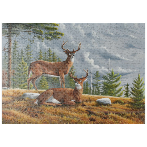 Darstellung des Puzzle Motivs Warnung Weißwedelhirsche in herbstlichen Kiefernwäldern puzzleplate Alert White-Tailed Deer in Autumn Pines 500 Puzzle