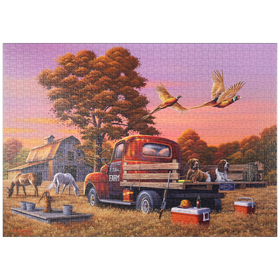 Darstellung des Puzzle-Motivs Herbstlicher Bauernhof mit Fasanen und Oldtimer-Lkw – Puzzleteile: 1000