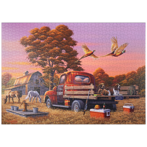 Darstellung des Puzzle Motivs Herbstlicher Bauernhof mit Fasanen und Oldtimer-Lkw puzzleplate Autumn Farmyard with Pheasants and Vintage Truck 1000 Puzzle