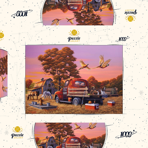 Darstellung des Puzzle Motivs Herbstlicher Bauernhof mit Fasanen und Oldtimer-Lkw Autumn Farmyard with Pheasants and Vintage Truck 1000 Puzzle Schachtel 3D Modell