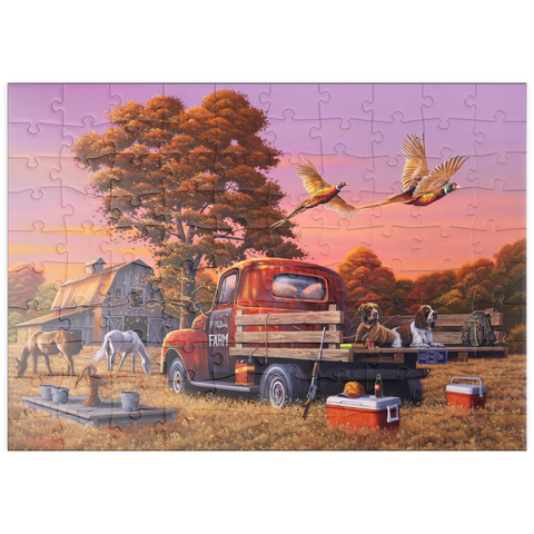 Darstellung des Puzzle Motivs Herbstlicher Bauernhof mit Fasanen und Oldtimer-Lkw puzzleplate Autumn Farmyard with Pheasants and Vintage Truck 100 Puzzle