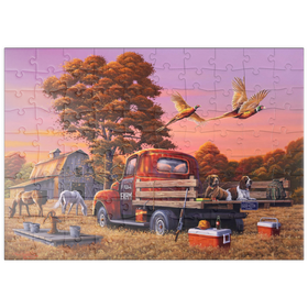 Darstellung des Puzzle Motivs Herbstlicher Bauernhof mit Fasanen und Oldtimer-Lkw - Puzzleteile: 100