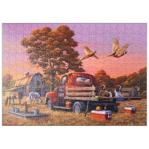 Darstellung des Puzzle Motivs Herbstlicher Bauernhof mit Fasanen und Oldtimer-Lkw puzzleplate Autumn Farmyard with Pheasants and Vintage Truck 200 Puzzle