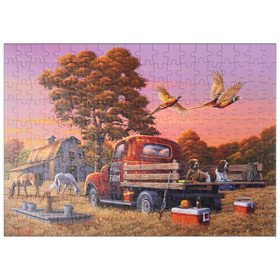 Darstellung des Puzzle Motivs Herbstlicher Bauernhof mit Fasanen und Oldtimer-Lkw - Puzzleteile: 200