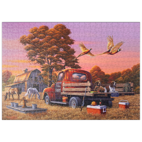 Darstellung des Puzzle Motivs Herbstlicher Bauernhof mit Fasanen und Oldtimer-Lkw puzzleplate Autumn Farmyard with Pheasants and Vintage Truck 500 Puzzle