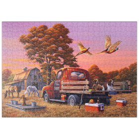 Darstellung des Puzzle Motivs Herbstlicher Bauernhof mit Fasanen und Oldtimer-Lkw - Puzzleteile: 500