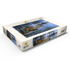 Darstellung des Puzzle Motivs Lagerfeuer am See unter dem Mondlicht - Puzzleteile: 1000