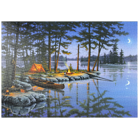 Darstellung des Puzzle-Motivs Lagerfeuer am See unter dem Mondlicht – Puzzleteile: 1000
