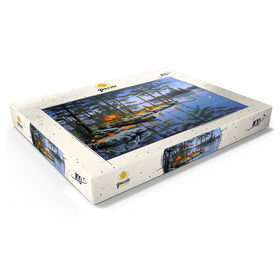 Darstellung des Puzzle Motivs Lagerfeuer am See unter dem Mondlicht - Puzzleteile: 100