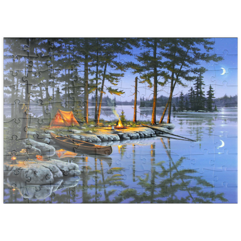 Darstellung des Puzzle Motivs Lagerfeuer am See unter dem Mondlicht puzzleplate Lakeside Campfire Under Moonlit Sky 100 Puzzle