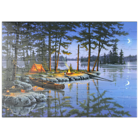 Darstellung des Puzzle Motivs Lagerfeuer am See unter dem Mondlicht - Puzzleteile: 100