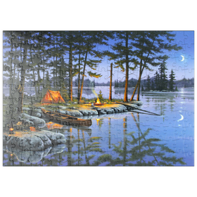 Darstellung des Puzzle Motivs Lagerfeuer am See unter dem Mondlicht - Puzzleteile: 200