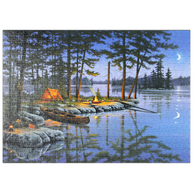 Darstellung des Puzzle Motivs Lagerfeuer am See unter dem Mondlicht - Puzzleteile: 500