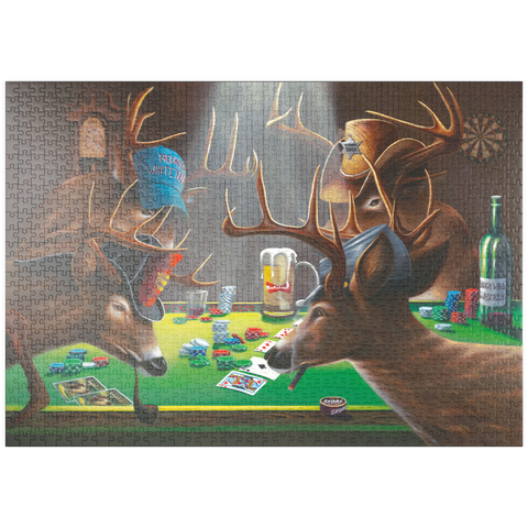 Darstellung des Puzzle Motivs Weißwedelhirsche spielen Poker in Innenräumen puzzleplate Whitetail Bucks Playing Poker Indoors 1000 Puzzle