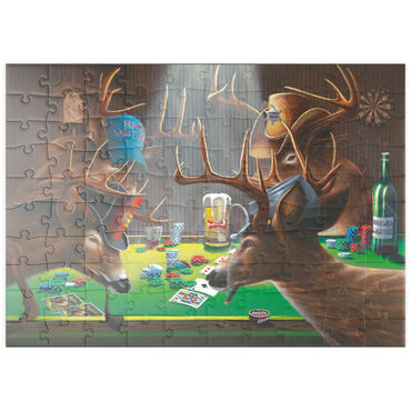 Darstellung des Puzzle Motivs puzzleplate Whitetail Bucks Playing Poker Indoors 100 Puzzle