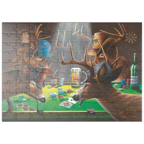 Darstellung des Puzzle Motivs Weißwedelhirsche spielen Poker in Innenräumen puzzleplate Whitetail Bucks Playing Poker Indoors 100 Puzzle
