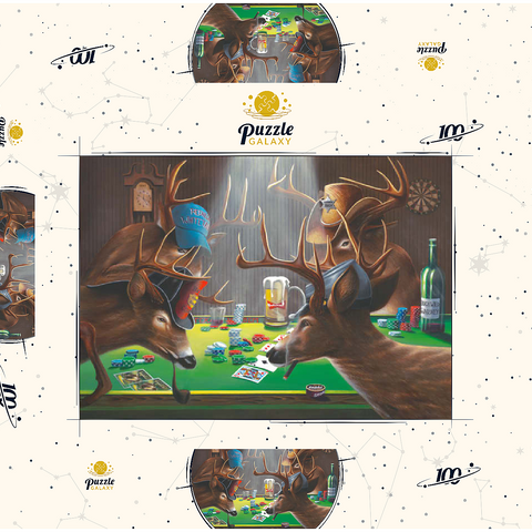 Darstellung des Puzzle Motivs Weißwedelhirsche spielen Poker in Innenräumen Whitetail Bucks Playing Poker Indoors 100 Puzzle Schachtel 3D Modell