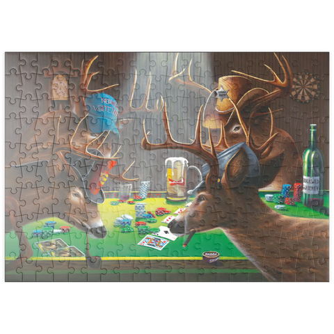 Darstellung des Puzzle Motivs Weißwedelhirsche spielen Poker in Innenräumen puzzleplate Whitetail Bucks Playing Poker Indoors 200 Puzzle