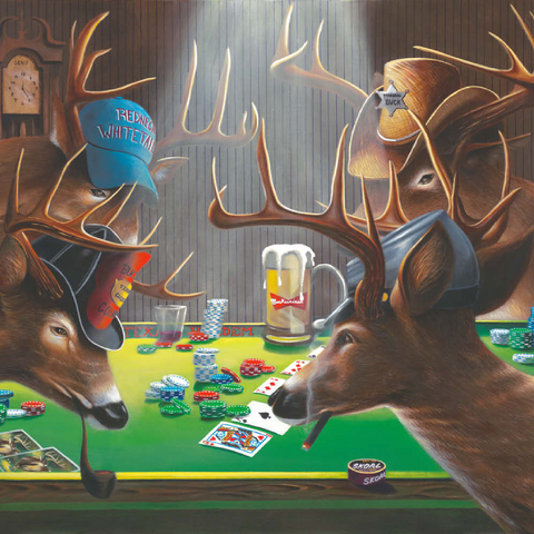 Darstellung des Puzzle Motivs Weißwedelhirsche spielen Poker in Innenräumen Whitetail Bucks Playing Poker Indoors 200 Puzzle 3D Modell