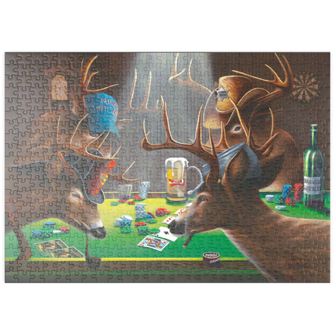 Darstellung des Puzzle Motivs Weißwedelhirsche spielen Poker in Innenräumen puzzleplate Whitetail Bucks Playing Poker Indoors 500 Puzzle