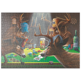 Darstellung des Puzzle Motivs Weißwedelhirsche spielen Poker in Innenräumen - Puzzleteile: 500