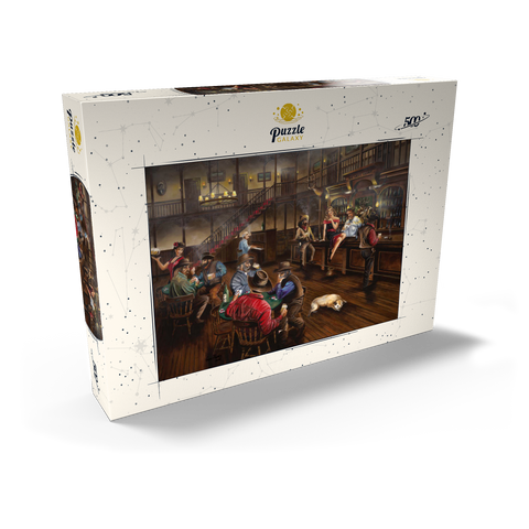 Darstellung des Puzzle Motivs Lebhafte Old-West-Saloon-Versammlung Lively Old West Saloon Gathering 500 Puzzle Schachtel Ansicht2