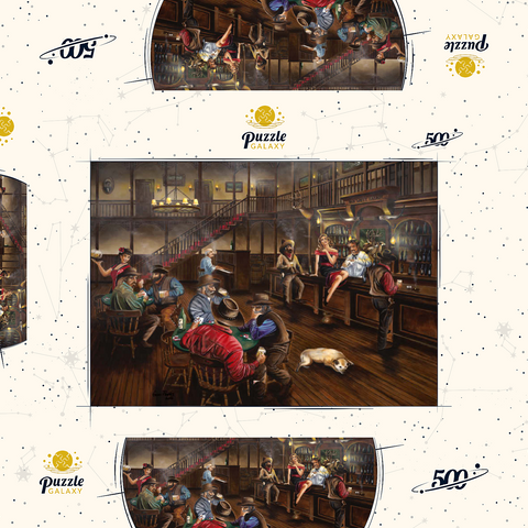 Darstellung des Puzzle Motivs Lebhafte Old-West-Saloon-Versammlung Lively Old West Saloon Gathering 500 Puzzle Schachtel 3D Modell