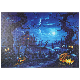 Darstellung des Puzzle-Motivs Spukhaus im Vollmondlicht – Puzzleteile: 1000
