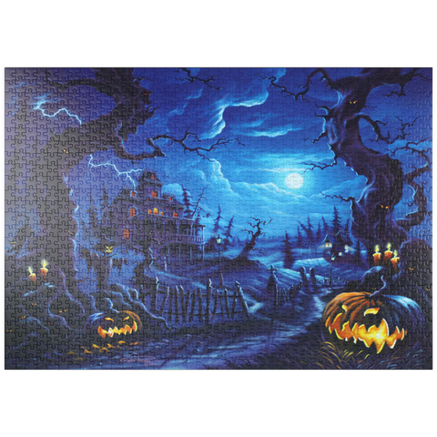 Darstellung des Puzzle Motivs Spukhaus im Vollmondlicht puzzleplate Haunted Mansion under Full Moonlight 1000 Puzzle