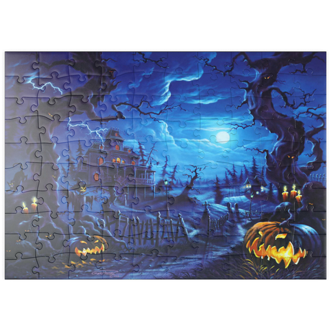Darstellung des Puzzle Motivs Spukhaus im Vollmondlicht puzzleplate Haunted Mansion under Full Moonlight 100 Puzzle