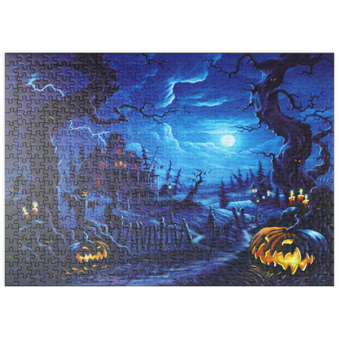 Darstellung des Puzzle Motivs Spukhaus im Vollmondlicht puzzleplate Haunted Mansion under Full Moonlight 500 Puzzle