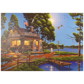 Darstellung des Puzzle-Motivs Vintage-Lebensmittelgeschäft und Tankstelle am Seeufer – Puzzleteile: 1000