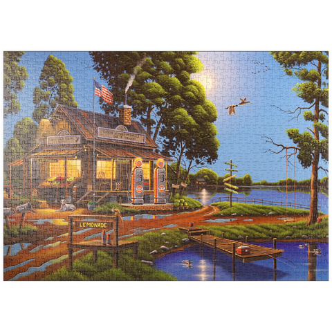 Darstellung des Puzzle Motivs Vintage-Lebensmittelgeschäft und Tankstelle am Seeufer puzzleplate Vintage Lakeside Grocery and Gas Station 1000 Puzzle