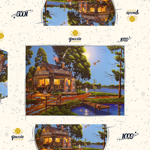 Darstellung des Puzzle Motivs Vintage-Lebensmittelgeschäft und Tankstelle am Seeufer Vintage Lakeside Grocery and Gas Station 1000 Puzzle Schachtel 3D Modell