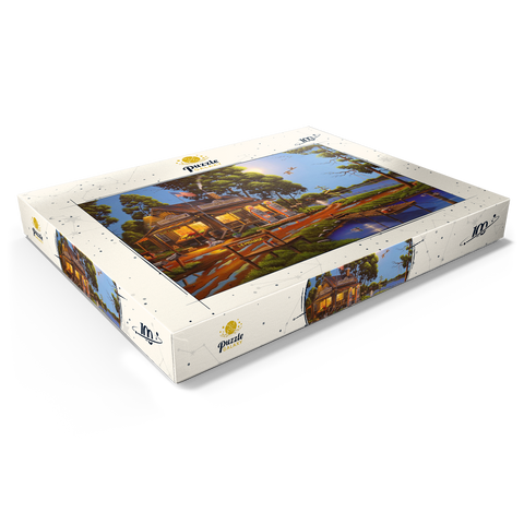 Darstellung des Puzzle Motivs Vintage-Lebensmittelgeschäft und Tankstelle am Seeufer Vintage Lakeside Grocery and Gas Station 100 Puzzle Schachtel Ansicht1