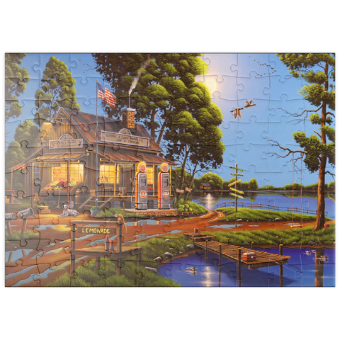 Darstellung des Puzzle Motivs Vintage-Lebensmittelgeschäft und Tankstelle am Seeufer puzzleplate Vintage Lakeside Grocery and Gas Station 100 Puzzle