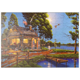 Darstellung des Puzzle Motivs Vintage-Lebensmittelgeschäft und Tankstelle am Seeufer - Puzzleteile: 100