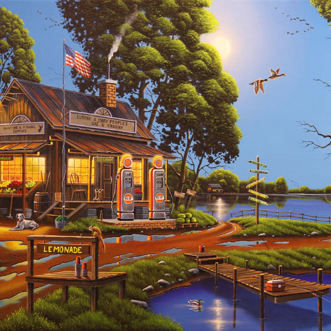 Darstellung des Puzzle Motivs Vintage-Lebensmittelgeschäft und Tankstelle am Seeufer Vintage Lakeside Grocery and Gas Station 100 Puzzle 3D Modell