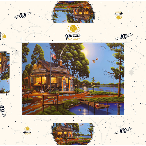 Darstellung des Puzzle Motivs Vintage-Lebensmittelgeschäft und Tankstelle am Seeufer Vintage Lakeside Grocery and Gas Station 100 Puzzle Schachtel 3D Modell
