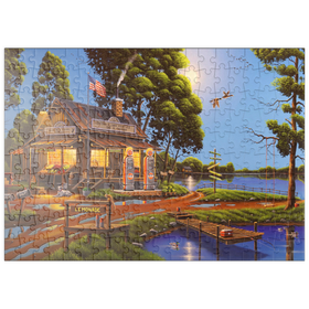 Darstellung des Puzzle-Motivs Vintage-Lebensmittelgeschäft und Tankstelle am Seeufer – Puzzleteile: 200