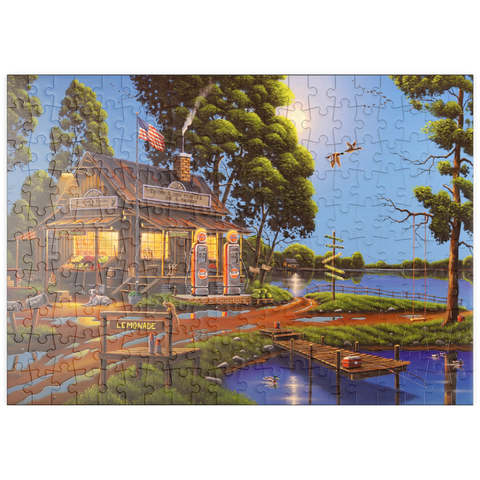 Darstellung des Puzzle Motivs Vintage-Lebensmittelgeschäft und Tankstelle am Seeufer puzzleplate Vintage Lakeside Grocery and Gas Station 200 Puzzle